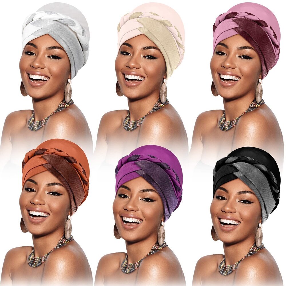 9383 6 Pcs African Black Turban Caps Beanie Headscarf Pre-Tied Twisted